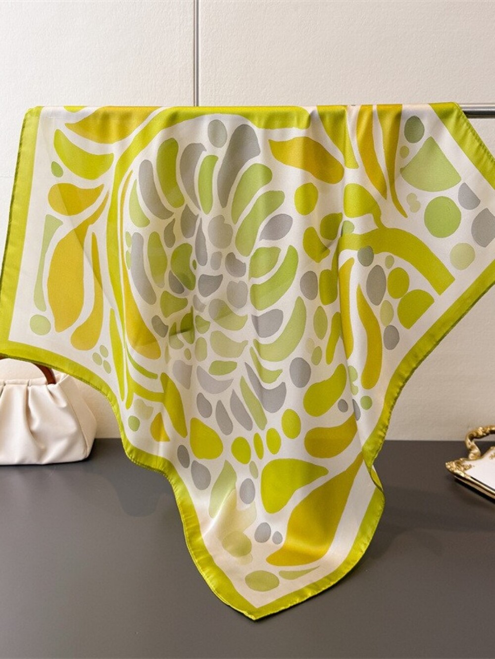 Silk-feel  Green & Gray  Square Scarf Head Scarf , Neck Scarf 70×70cm - Picture 3 of 4